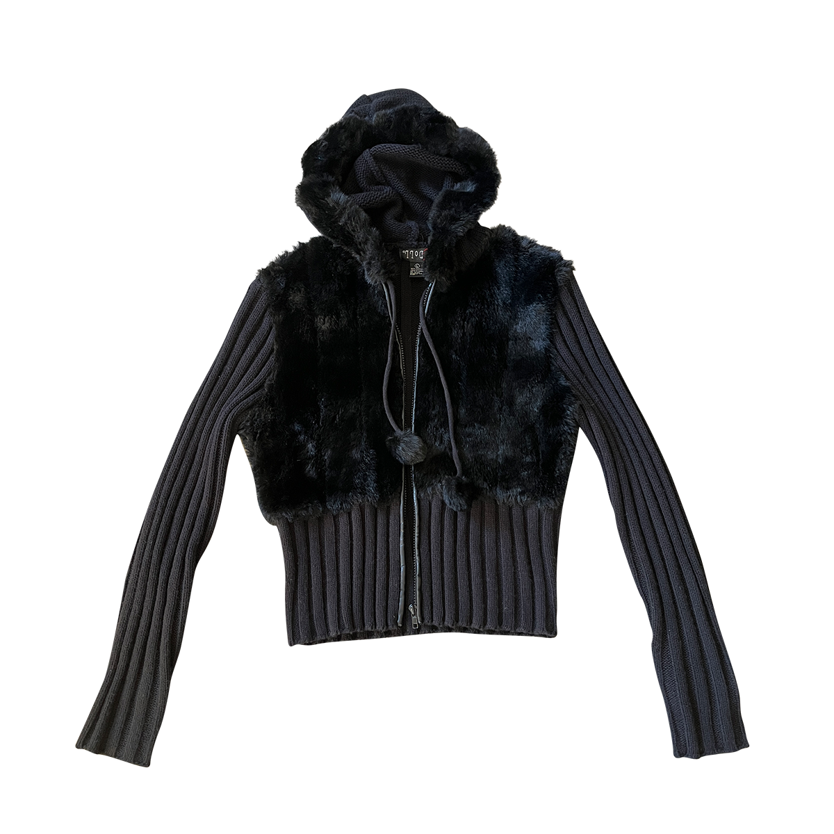 black knit fur hoodie