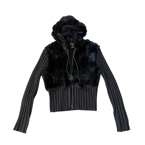 black knit fur hoodie