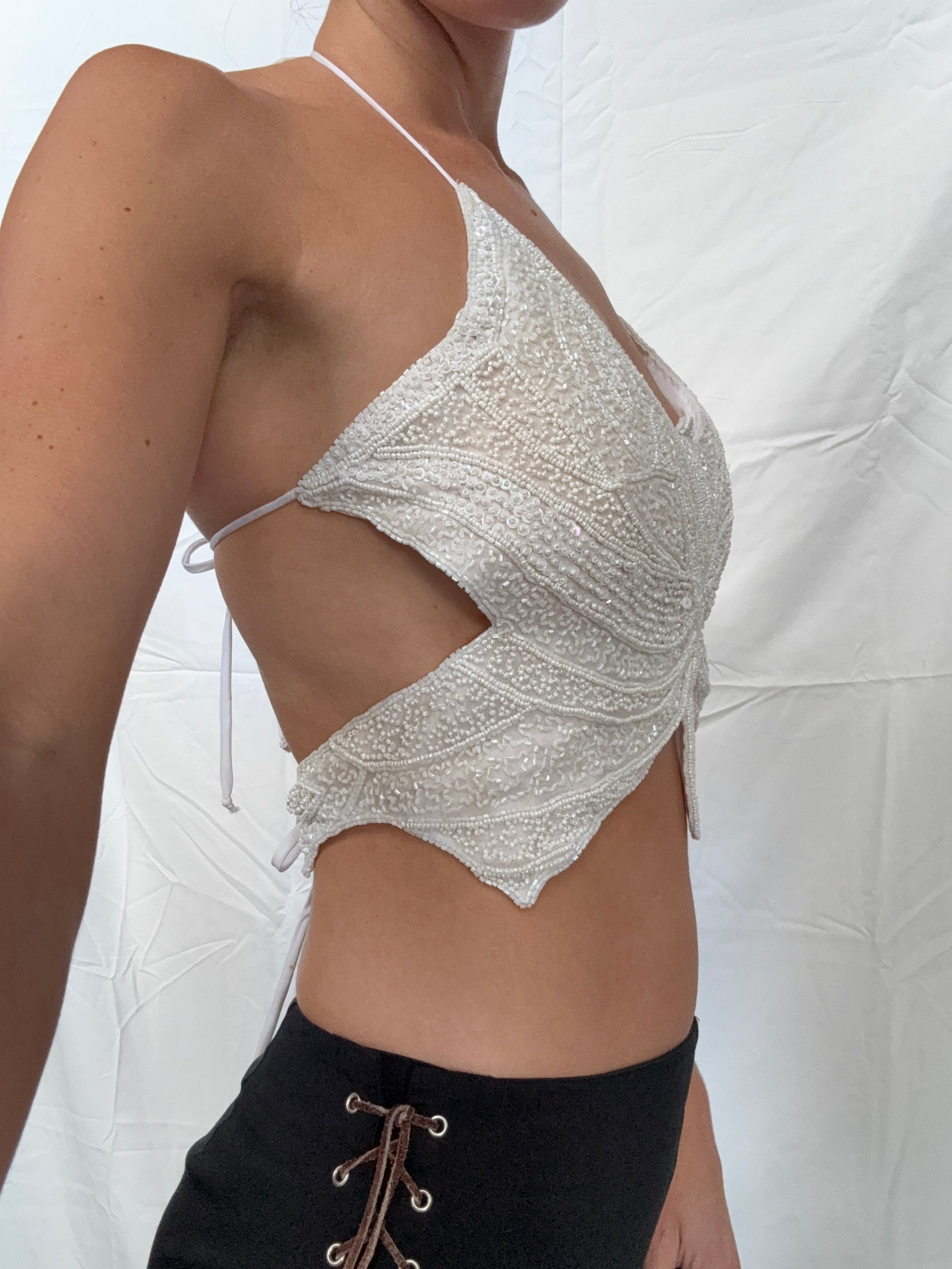 white beaded butterfly top