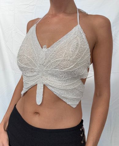 white beaded butterfly top