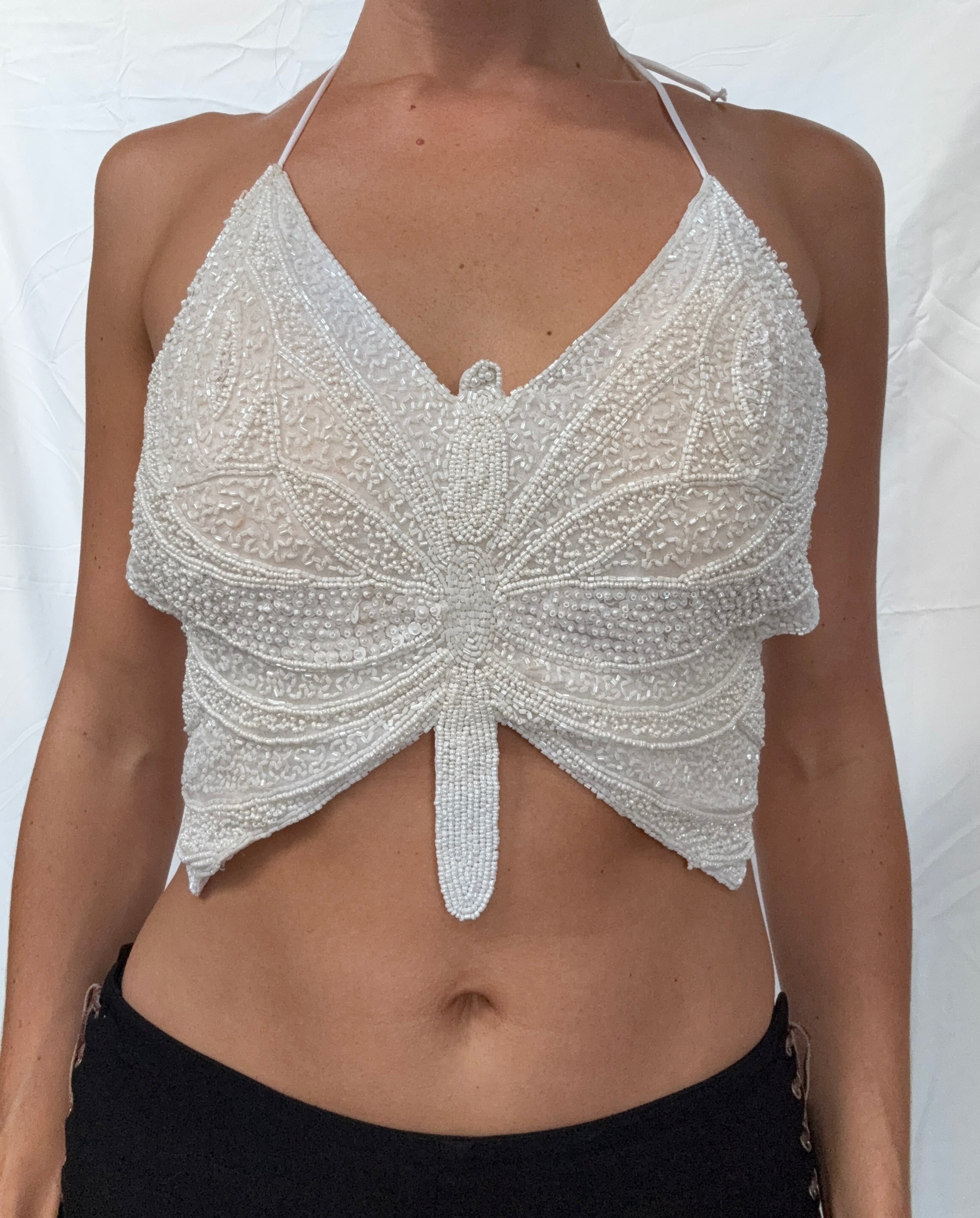 white beaded butterfly top