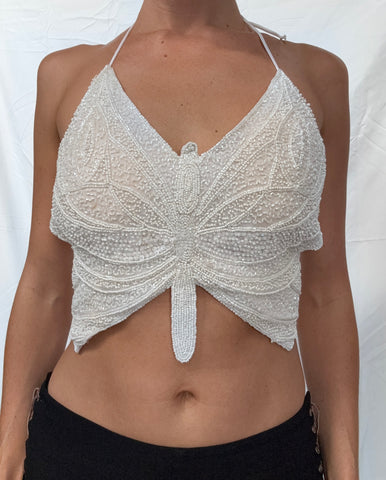 white beaded butterfly top