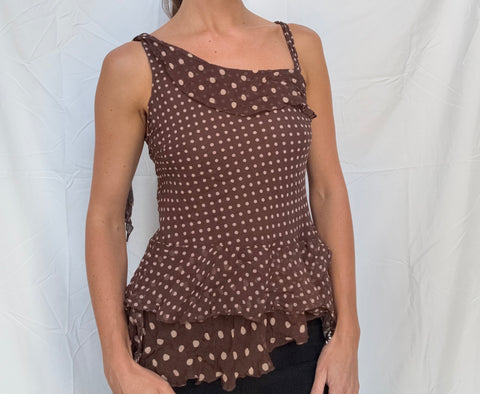 brown polka dot silk top