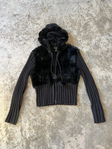 black knit fur hoodie