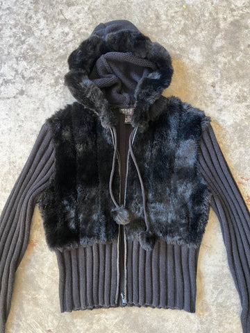 black knit fur hoodie
