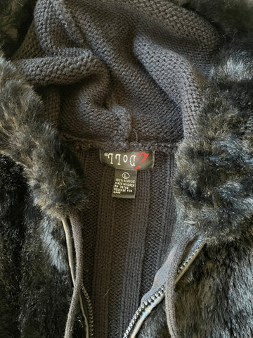 black knit fur hoodie