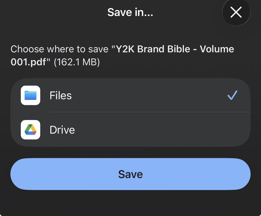 Save in… sheet: Files selected, then Save